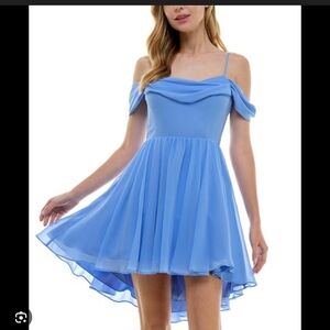 City Studio Sky Blue Off-Shoulder High-Low Chiffon Dress